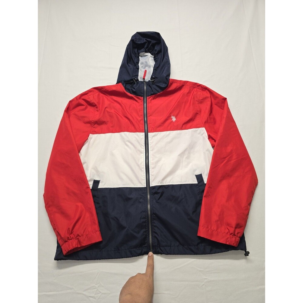US Polo Assn Men's Blue White Red Hooded Full Zip Windbreaker Jacket Size XL